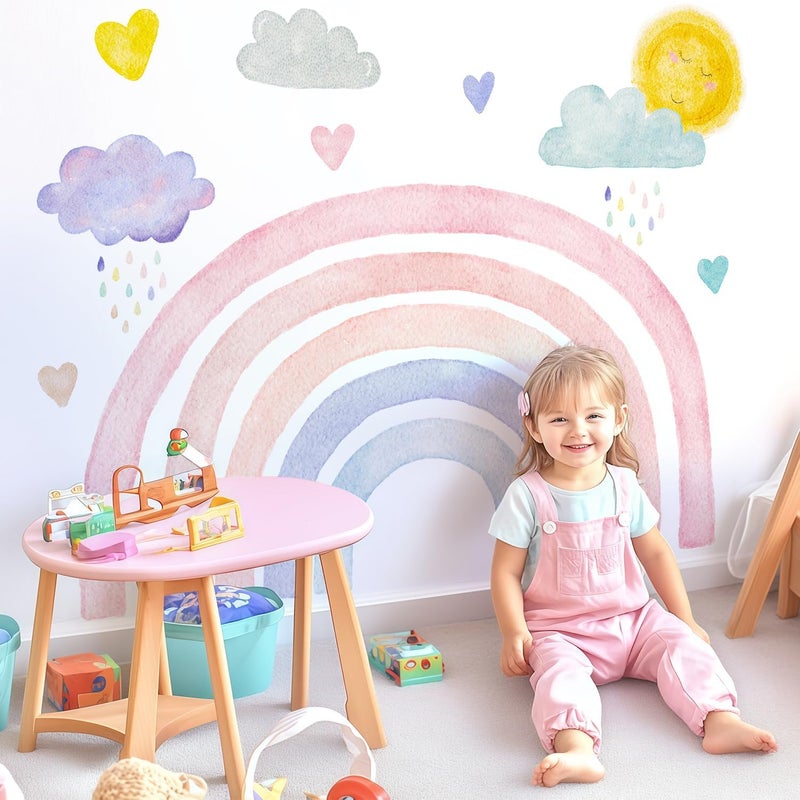 Kingarch Large Boho Rainbow Wall Decals, Clouds Sun Hearts Peel and Stick Fabric Nursery Wall Decor, Removable Home Room Wall Decor Murals Stickers for Kids Girls Toddler Bedroom Living Room Playroom - Image 1